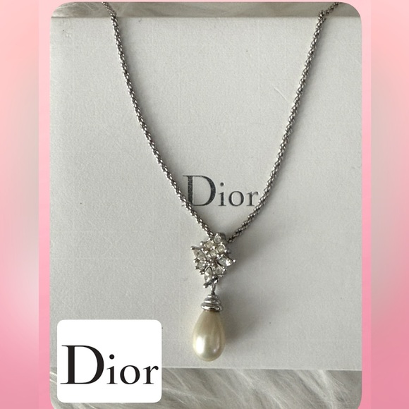 CHRISTIAN DIOR Pearl Rhinestone Silver Tone Necklace - Picture 1 of 7